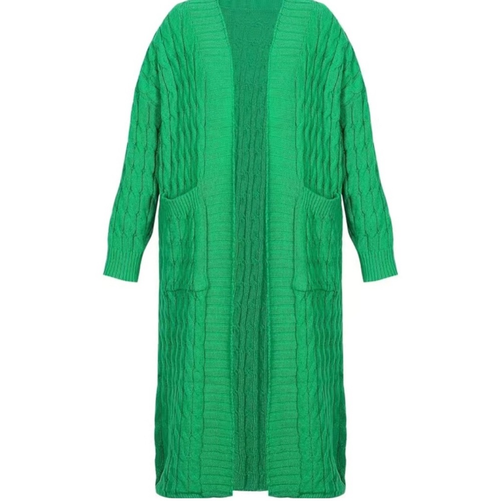 Women’s Medium Emerald Green Cable-Knit Maxi Cardigan Open-Front Sweater - Picture 11 of 11